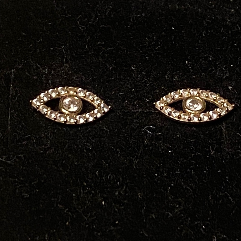 💛 10k yellow gold, cubic zirconia, delicate, beautiful, eye earrings.